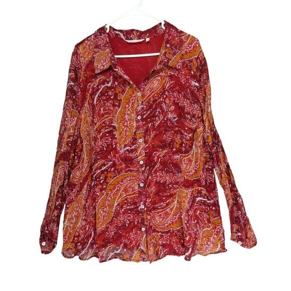Soft Surroundings Womens 2X Red Paisley Cheyla Tunic Button Top‎ Blouse Sheer - Picture 2 of 8